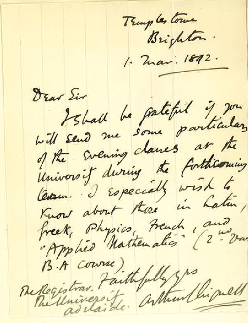 Arthur Chignell - Templestowe Brighton - Enquiry Regarding Evening Classes for 1892
