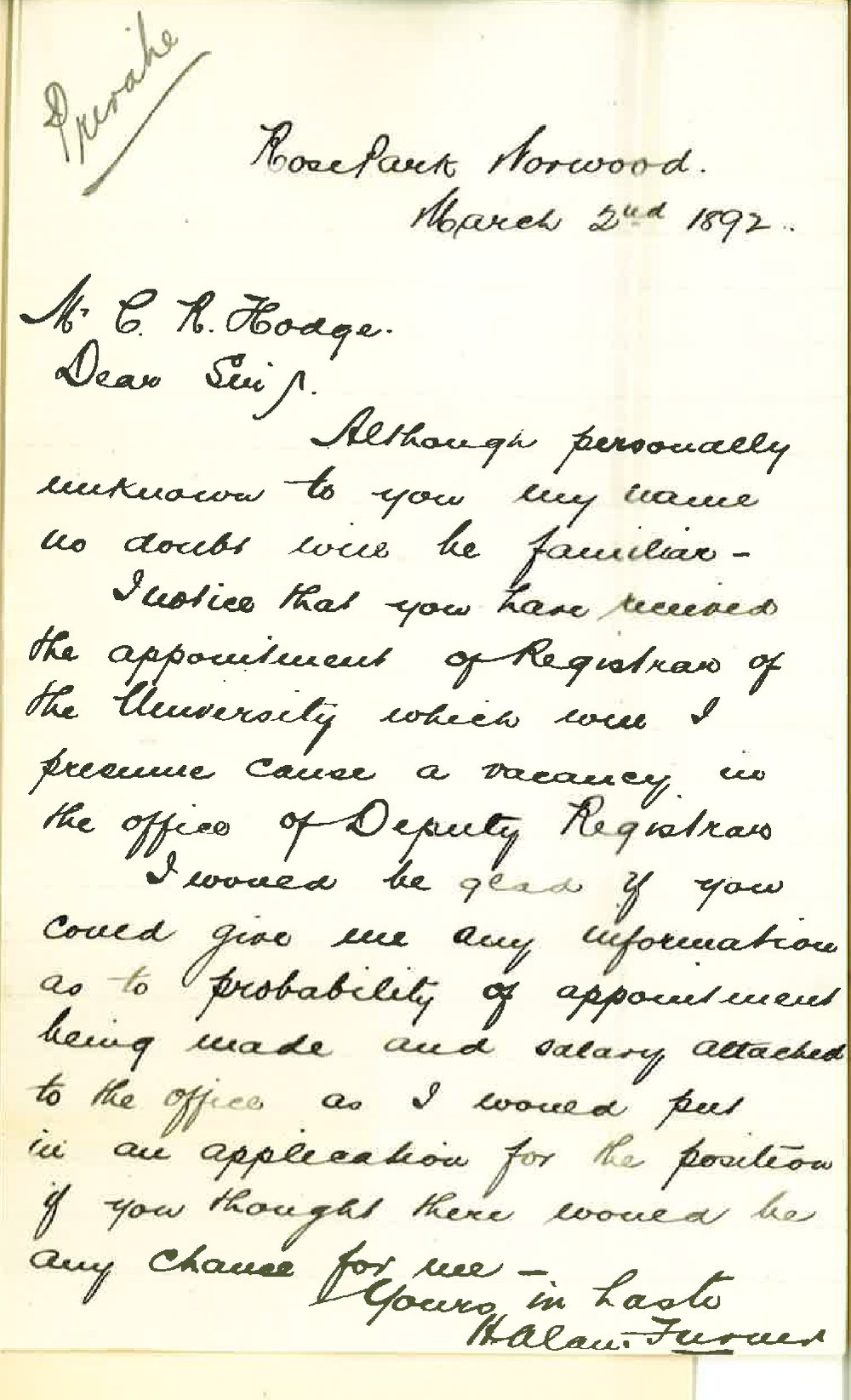 H Alan Turner - Rose Park - Enquiry Regarding Clerkship