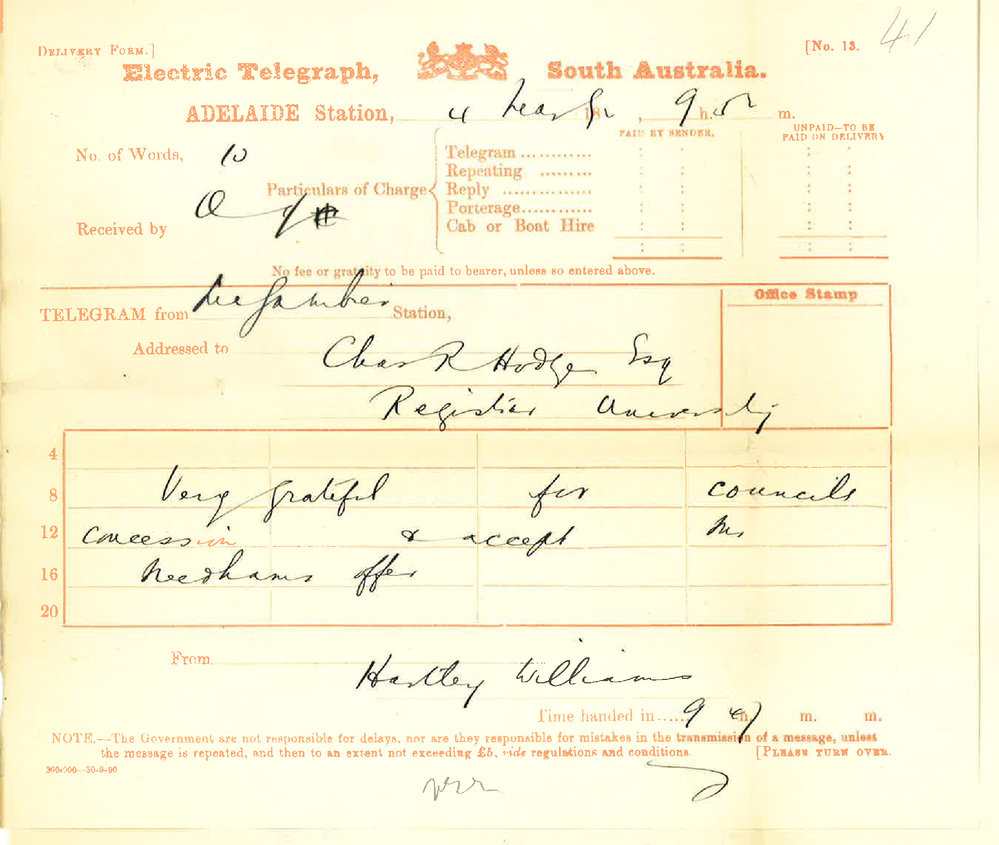 Reverend Hartley Williams - Mount Gambier - Accepting Mr Needhams Offer to Supervise Local Preliminary