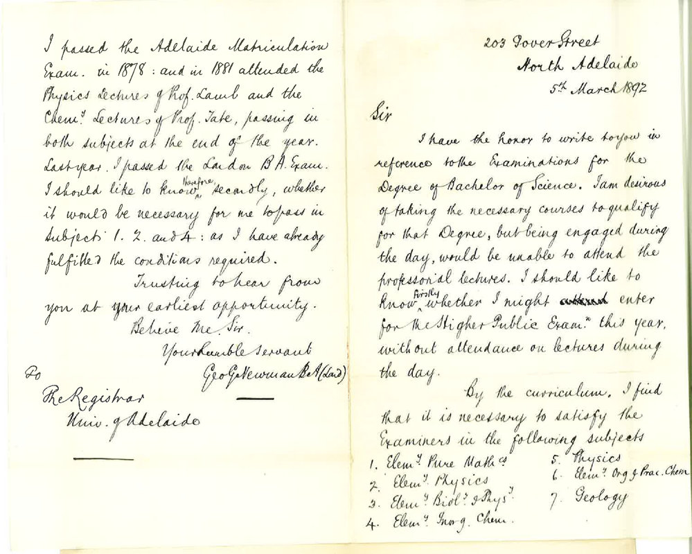 George Gough Newman - North Adelaide - Regarding BSc Degree and Attendance on Lectures