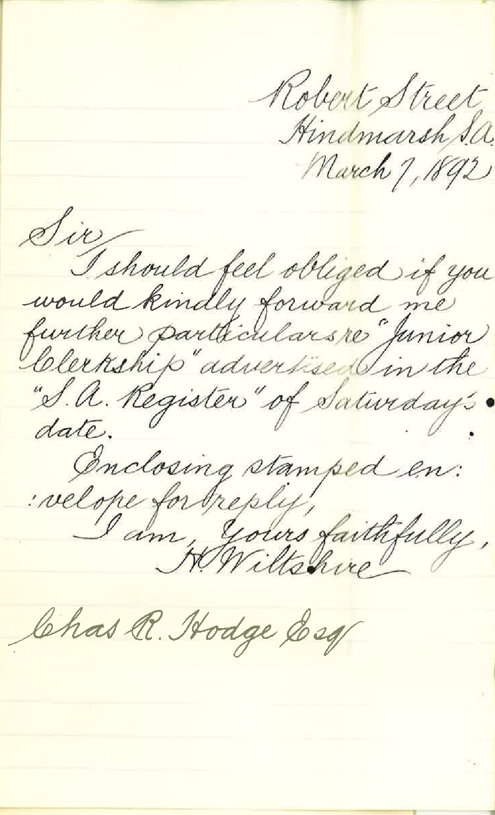 H Wiltshire - Hindmarsh - Enquiry Particulars Clerkship