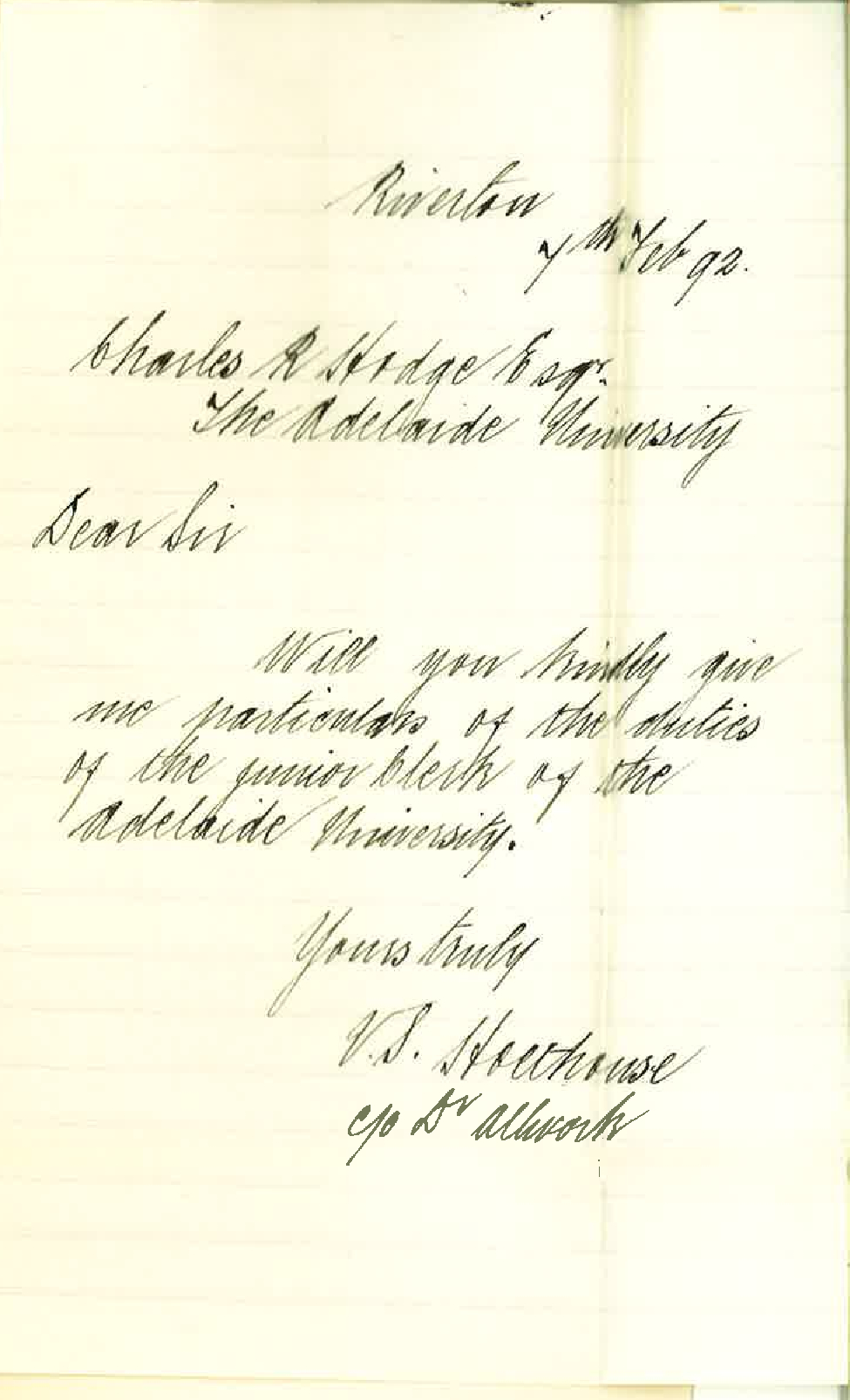 V S Holthouse - Riverton - Enquiry Particulars Clerkship