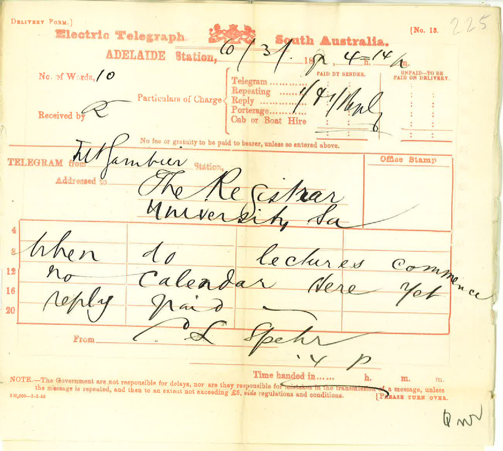 Carl Louis Spehr - Mount Gambier - Enquiry When Lectures Commence