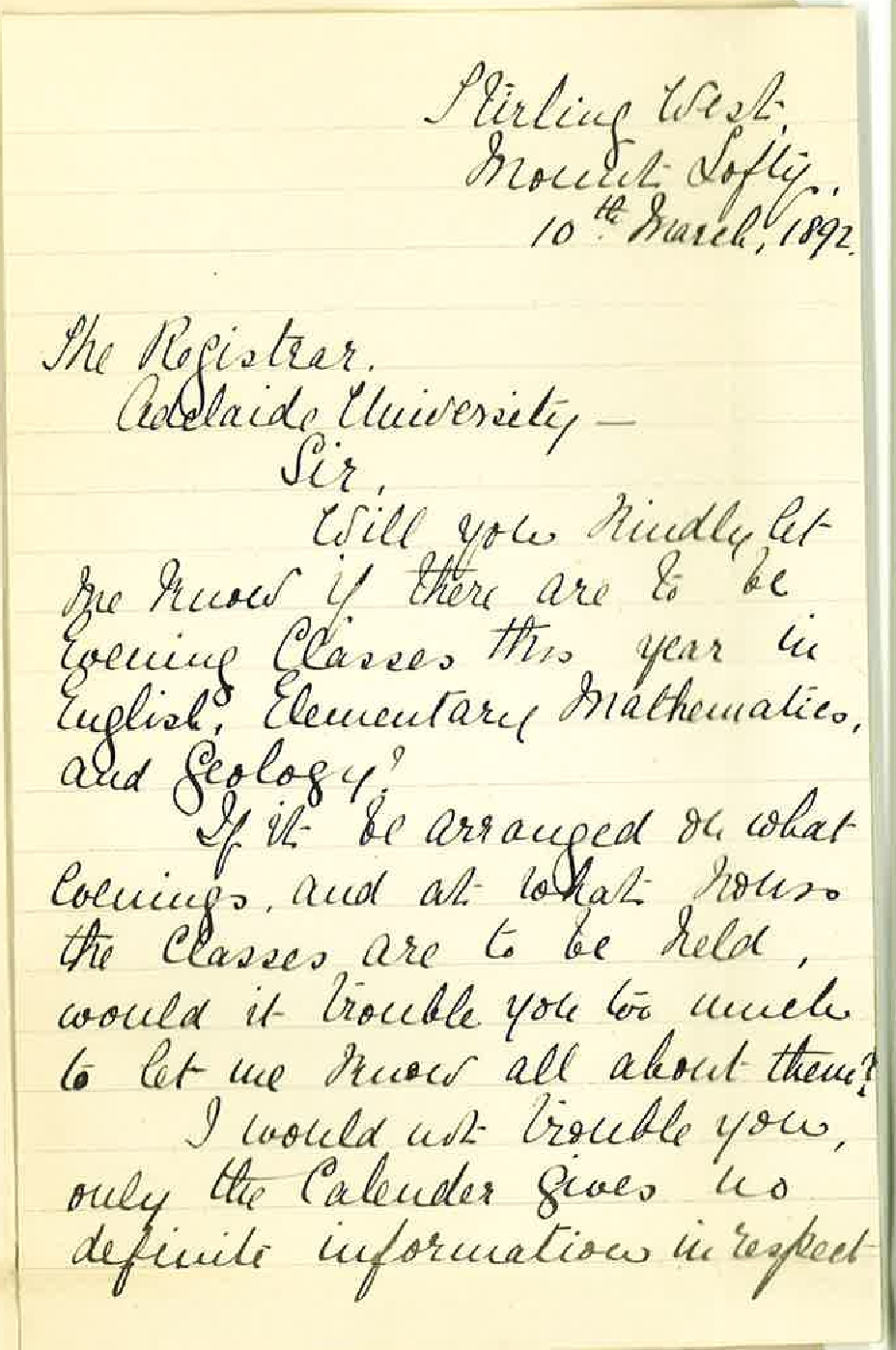 Lillie Thompson - Mount Lofty - Enquiry Evening Classes in English Elementary Mathematics and Geology