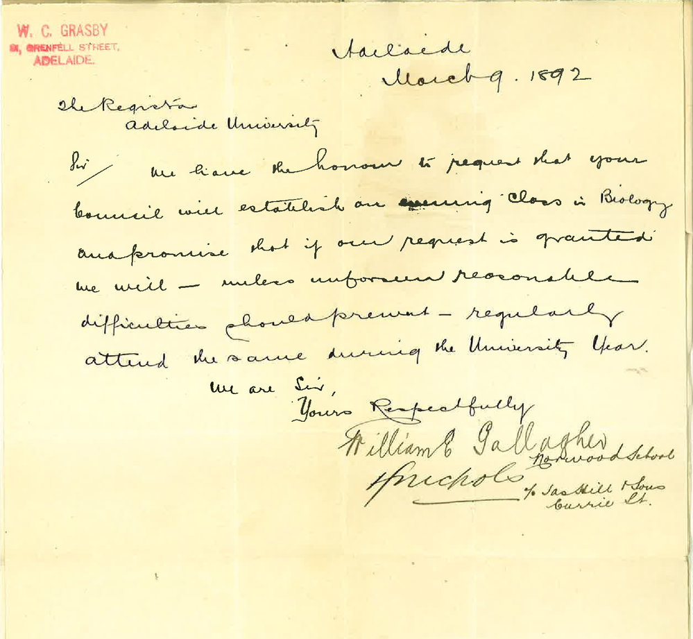 William Edward Gallagher - I Nicholls - Norwood School c/o Haskell &amp; Sons - Requesting Formation of Evening Class in Biology
