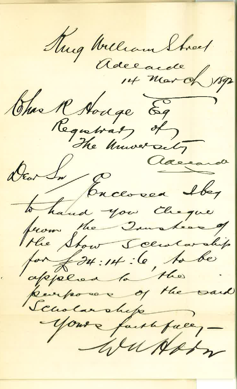 William Austin Horn - Adelaide - The Stow Scholarship Balance at Bank of Australasia