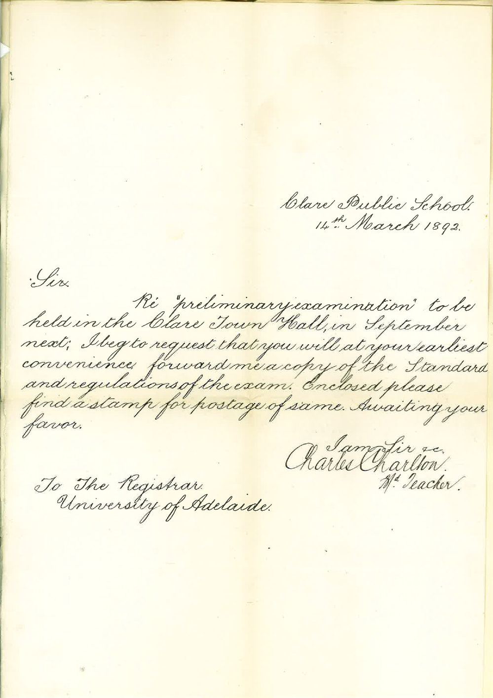 Charles Charlton - Public School Clare - Preliminary Exam to be Held There September 1892