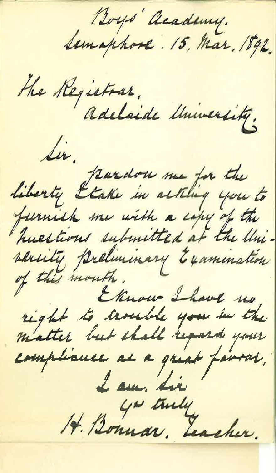 H Bonnar - Boys Academy - Semaphore - Asking for Copies of Preliminary Exam papers