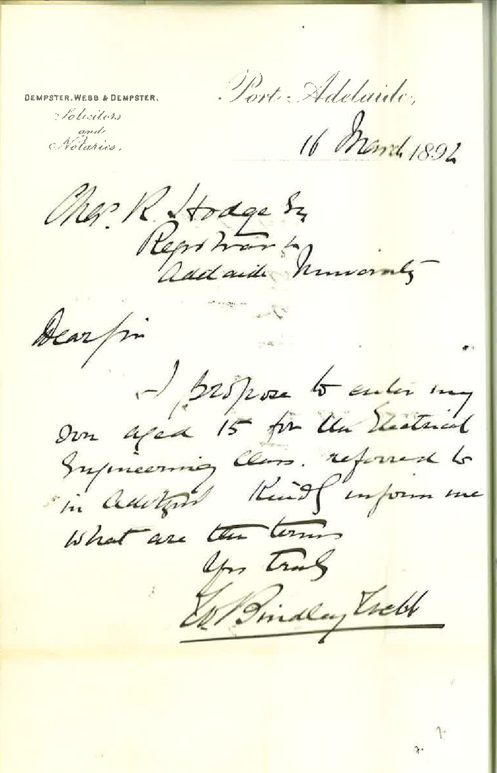 W Bindley Webb - Port Adelaide - Evening Lectures Electrical Engineering