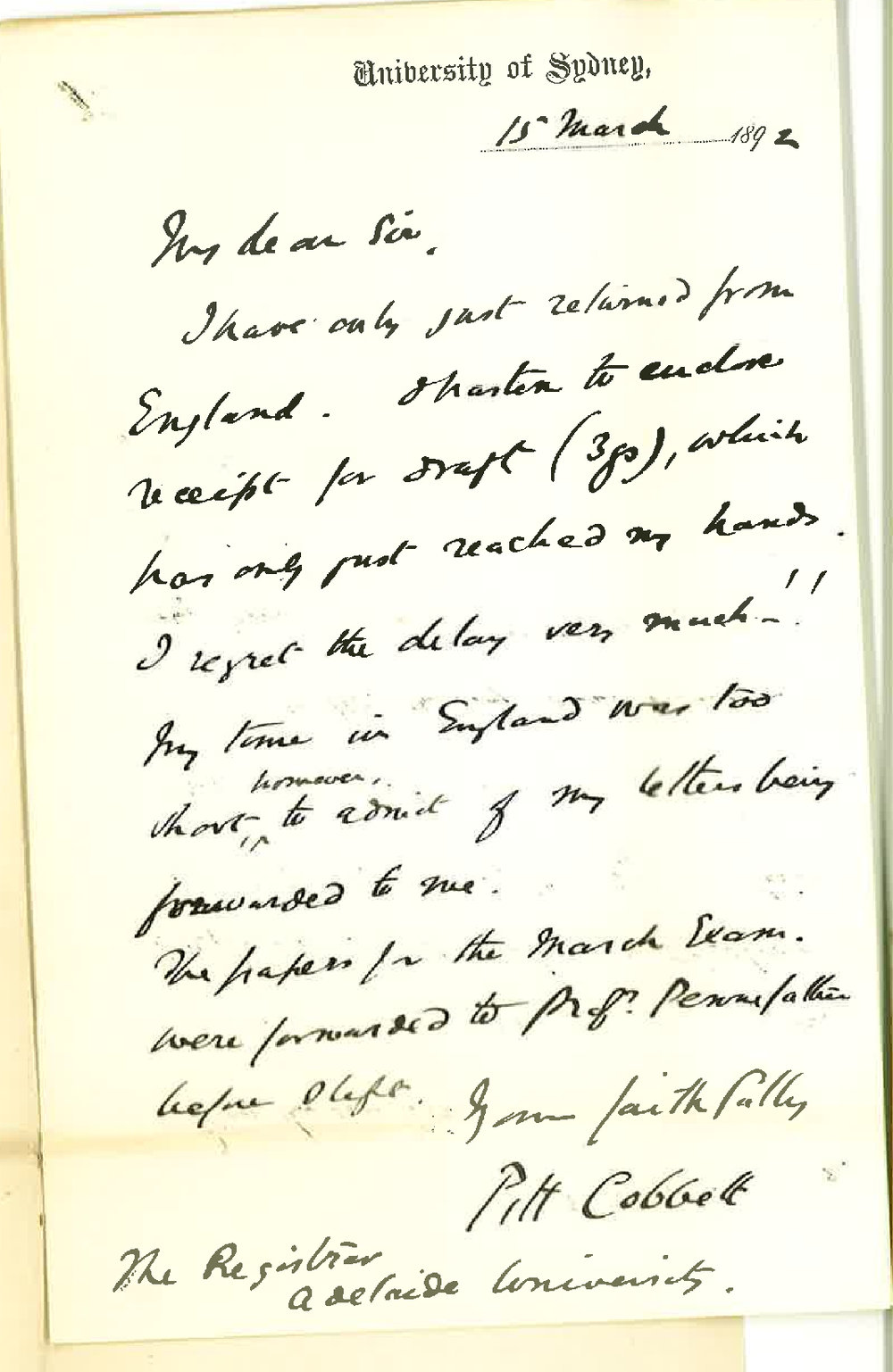 Professor Pitt Cobbett - University of Sydney - Acknowledging Receipt Fee for November 1891 Exams Law