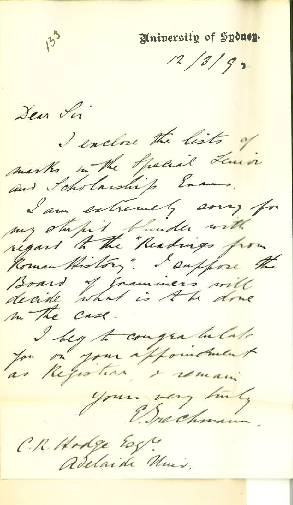 Emil Trechmann - University of Sydney - Special Senior Examination and the Readings Set