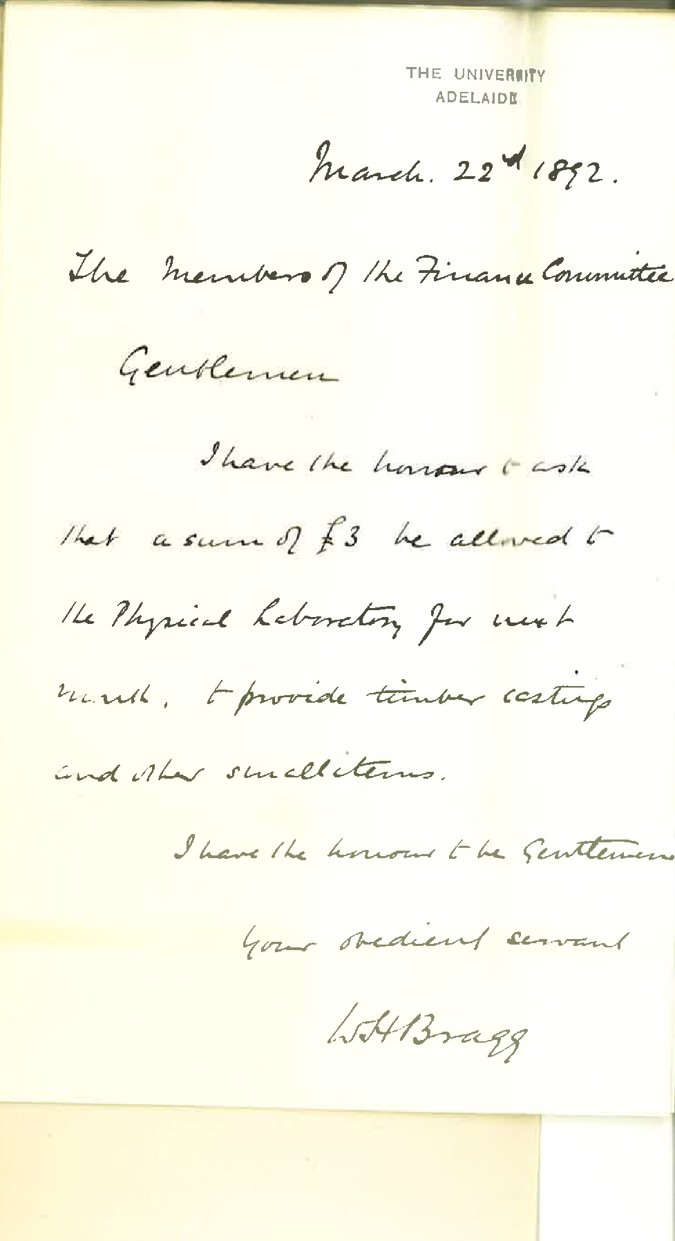 Professor William Henry Bragg - The University - Grant of &pound;3 Physical Laboratory