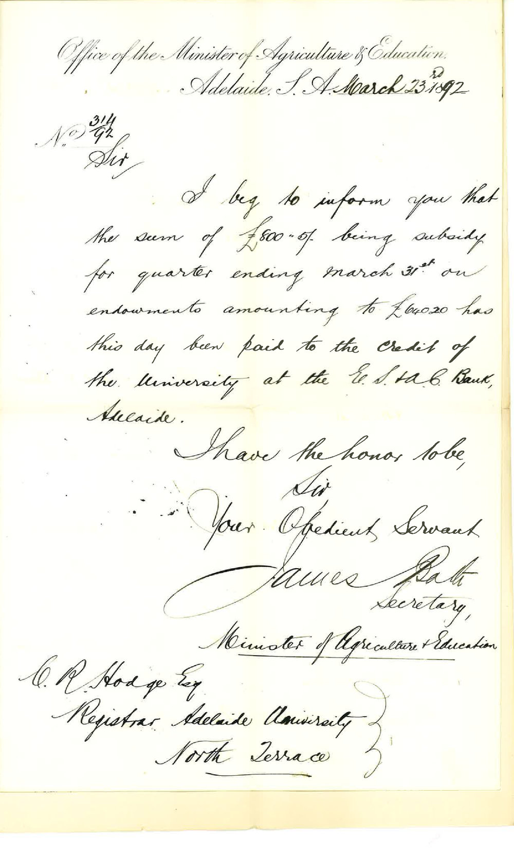 James Bath - Secretary - Office of he Minister of Agriculture and Education - General Post Office - Payment of Subsidy