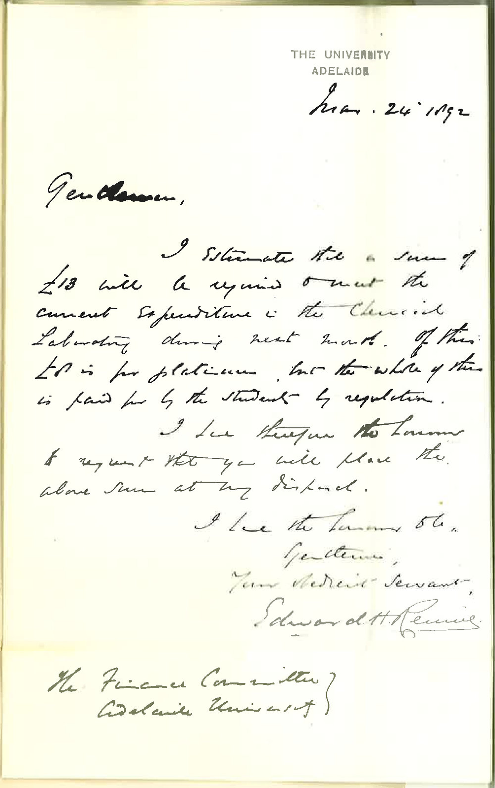 Professor Edward Henry Rennie - The University - Estimate Chemical Laboratory