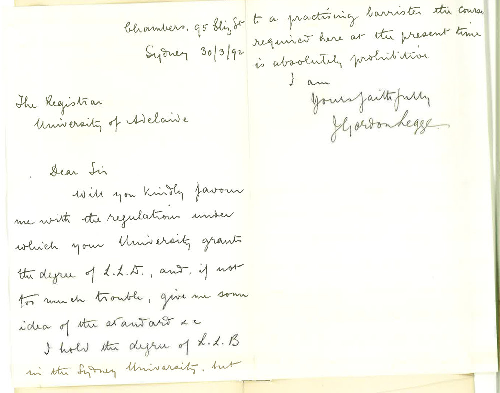 J Gordon Legge - Elizabeth Street Sydney - Enquiring Regulations LLD Degree