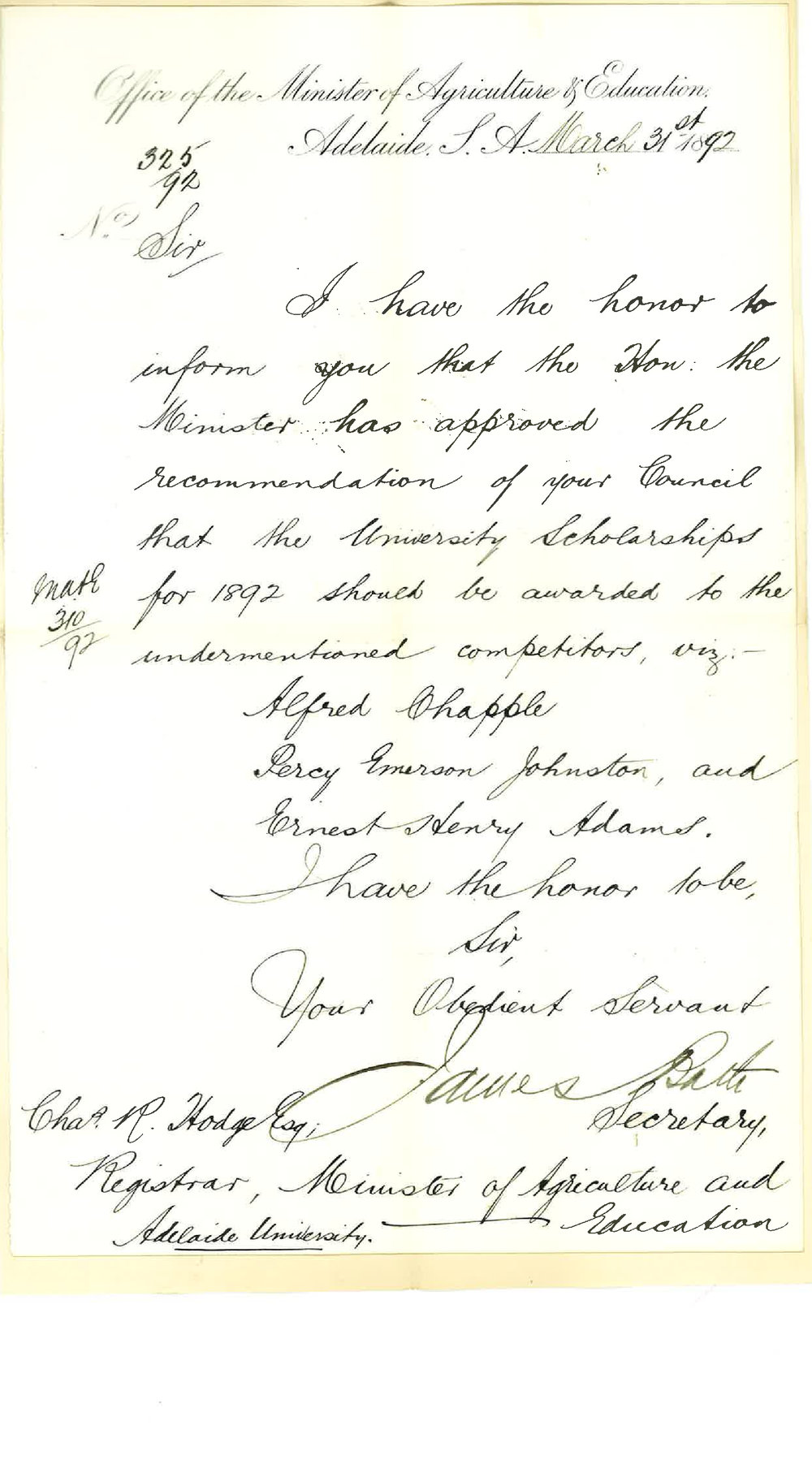 James Bath - Secretary - Office of Minister of Agriculture and Education - Adelaide - Approving University Scholars