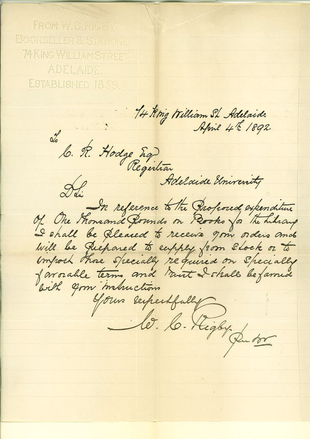W C Rigby - Adelaide - Requesting Orders for New Books for Library