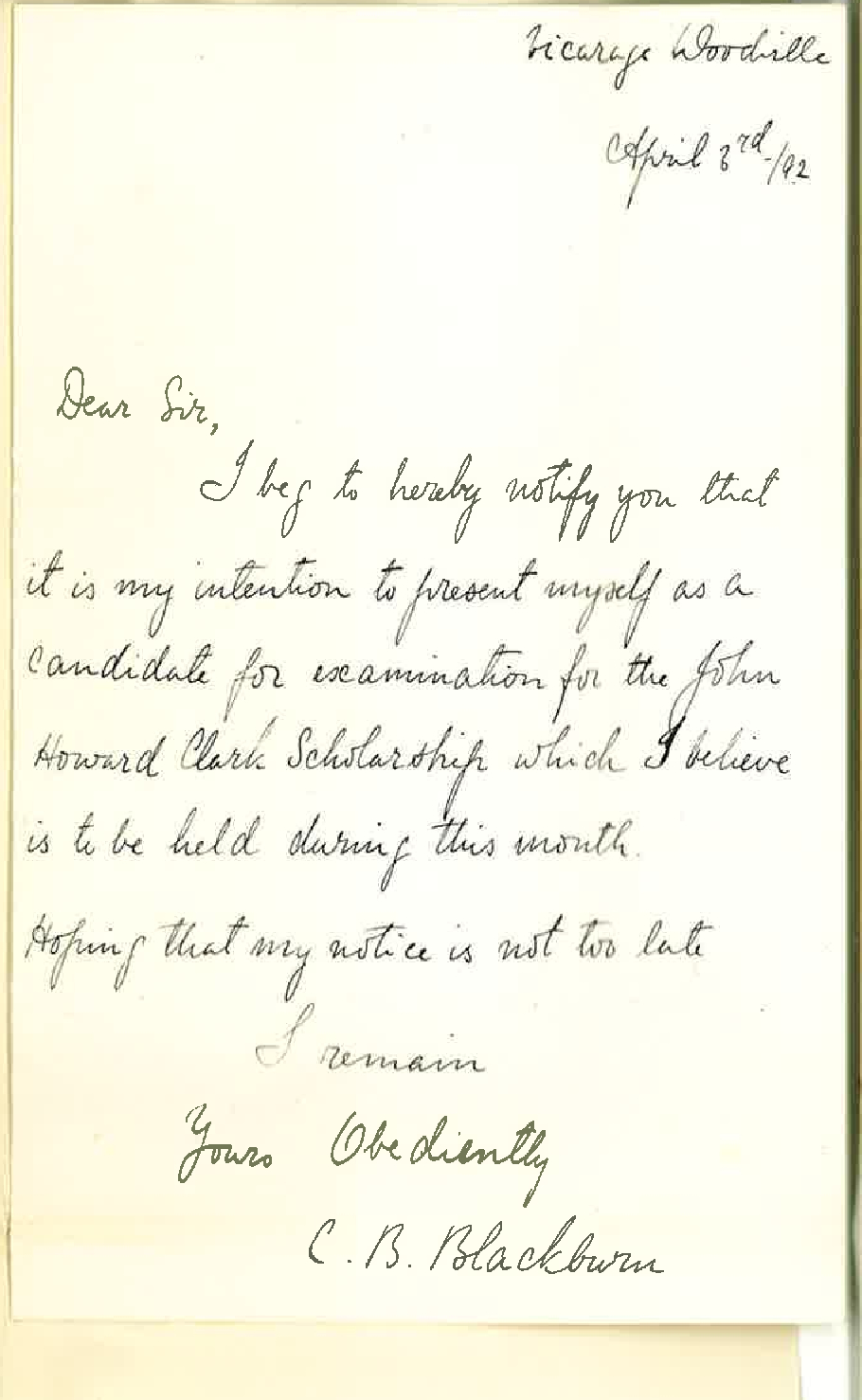 C B Blackburn - Woodville - Application to Enter for John Howard Clarks Scholarship Examination