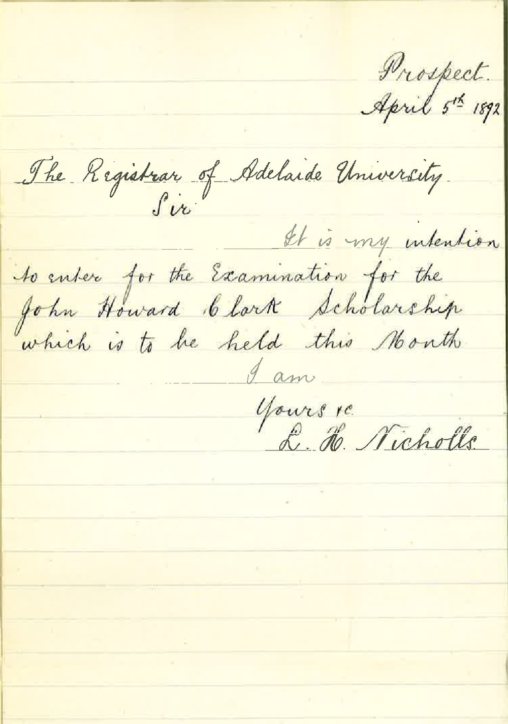 Leslie Herbert Nicholls - Application to Enter for the John Howard Clarks Scholarship Examination