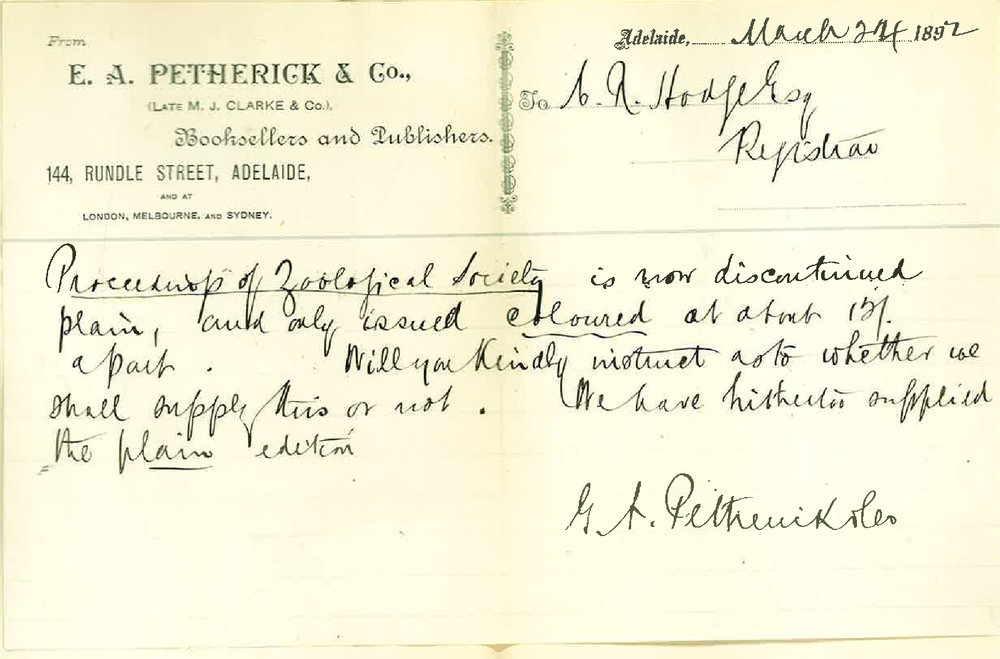 E A Petherick and Co - Rundle Street Adelaide - Proceedings of Zoological Society Discontinued Plain Asking to Supply Coloured