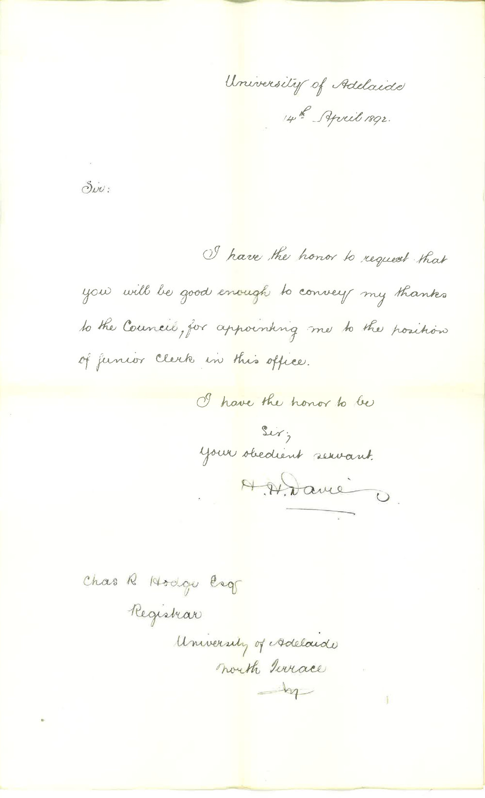 Herbert Henry Davies - Requesting Registrar to Convey Thanks to Council for Appointing Him as Junior Clerk