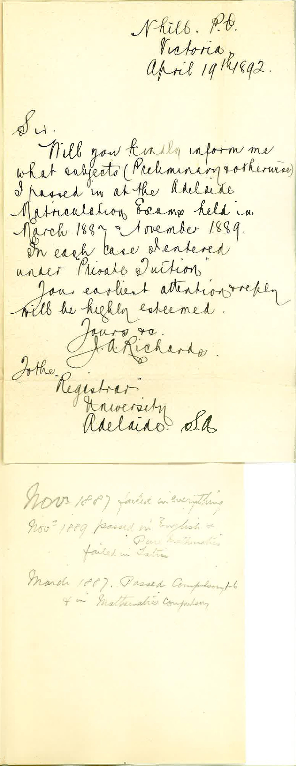 J A Richards - Nhill Post Office Victoria - Information Regarding Subjects Passed in Matric Exams 1887-1889