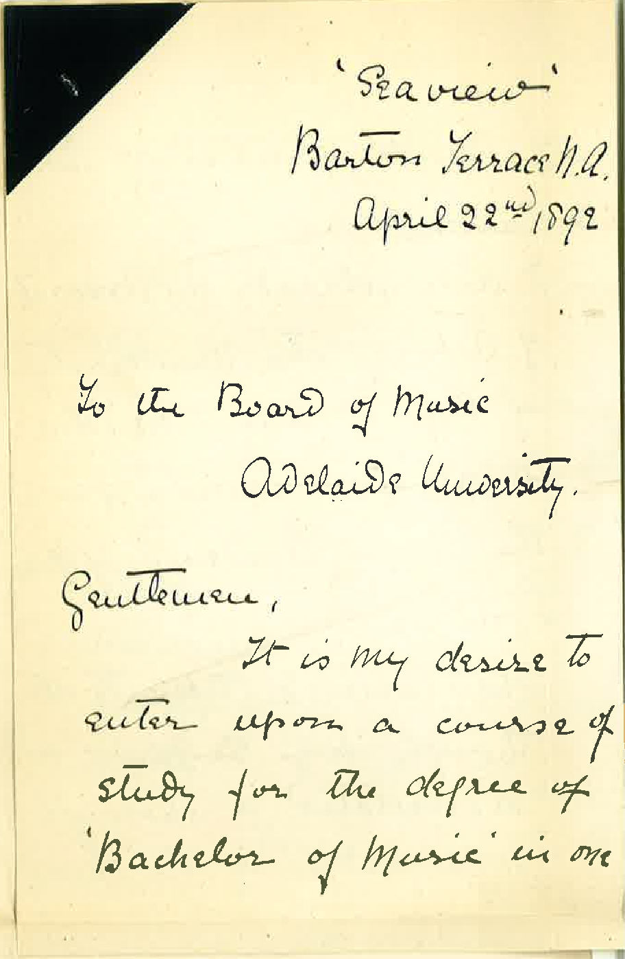 Miss Constance Brightman Hastings - North Adelaide - Admission Ad Eundem Statum to the Music Bachelor Course
