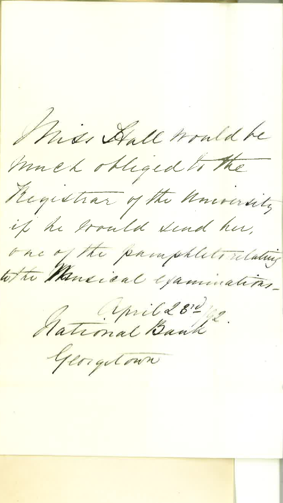 Miss Hall - National Bank - Georgetown - Regarding Musical Exams