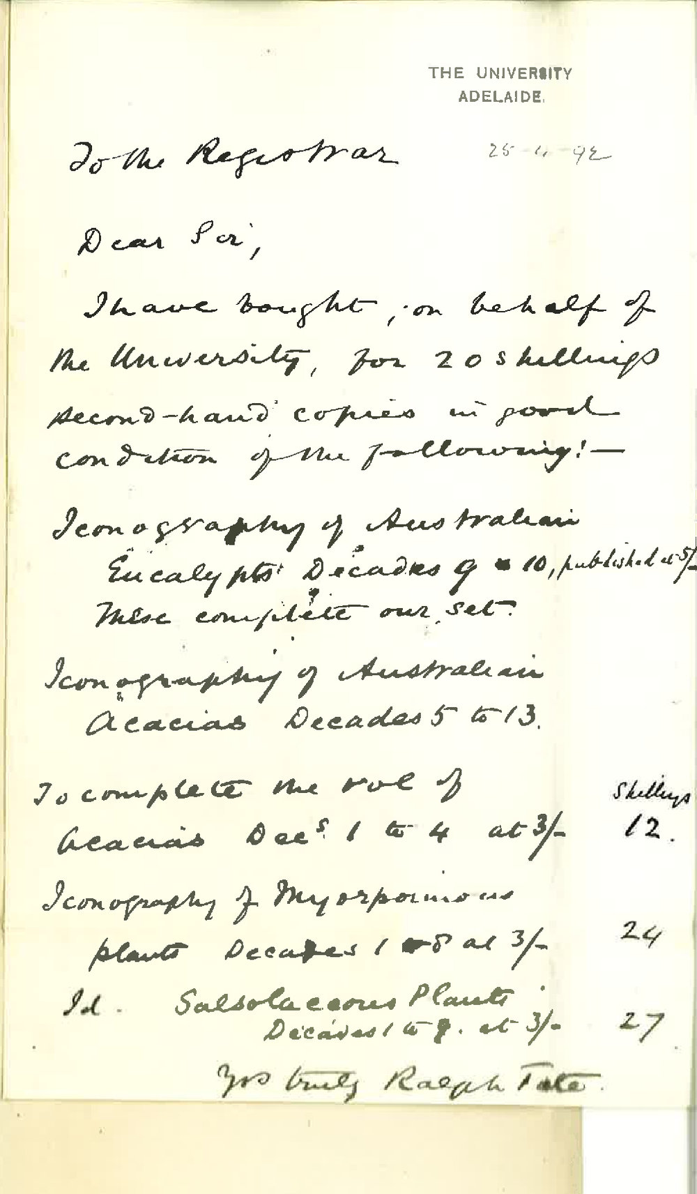 Professor Ralph Tate - The University - Regarding Purchase of Books