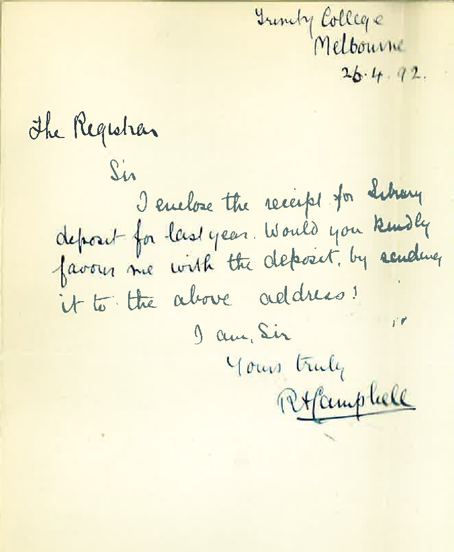 R A Campbell - Trinity College - Melbourne - Forwarding Library Deposit Receipt for 1891