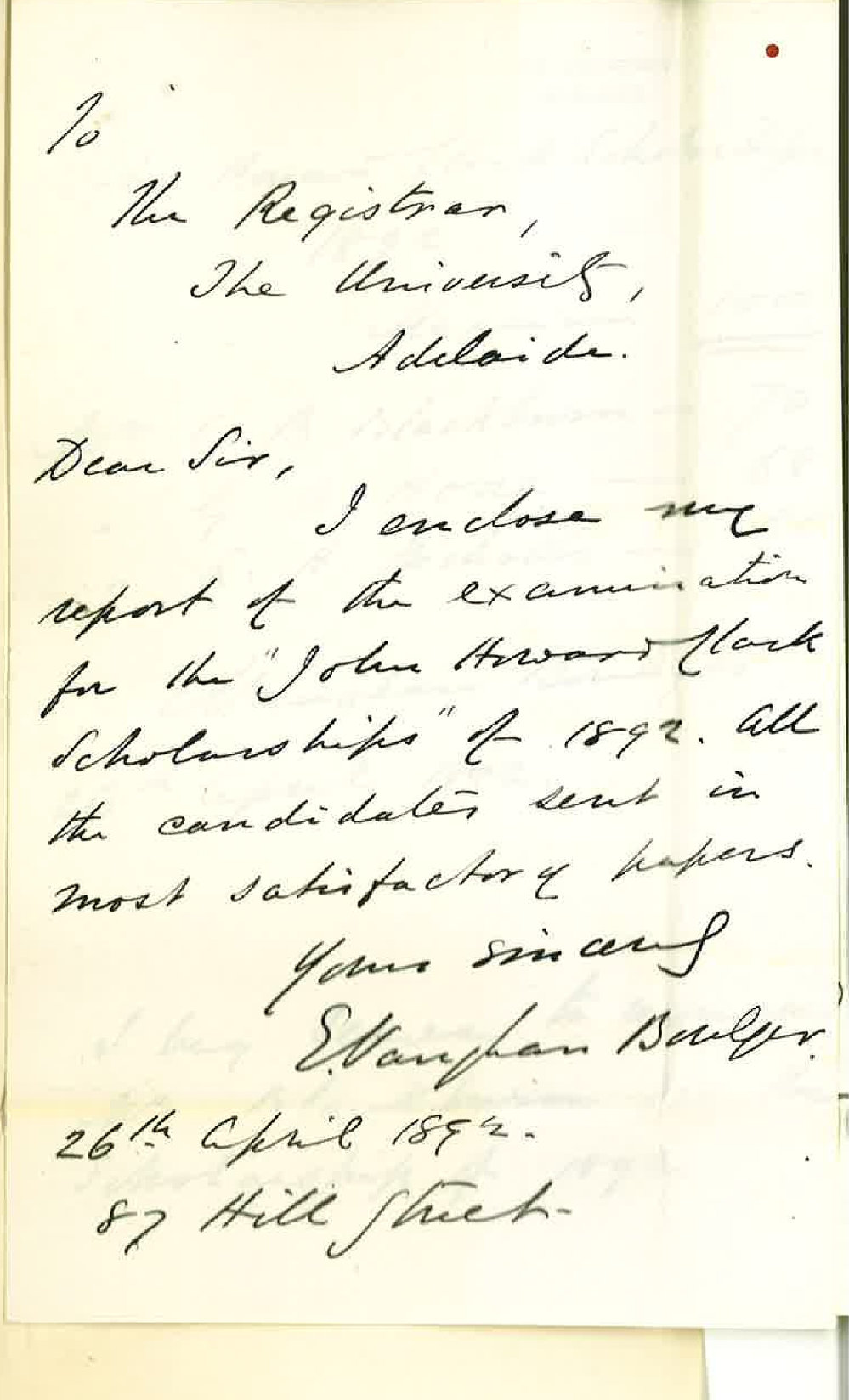 Professor Edward Vaughan Boulger - Report of the Examination for the John Howard Clark Scholarship