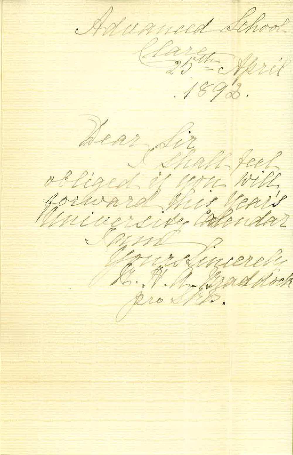 R H A Braddock - Advanced School - Clare - Requesting University Calendar