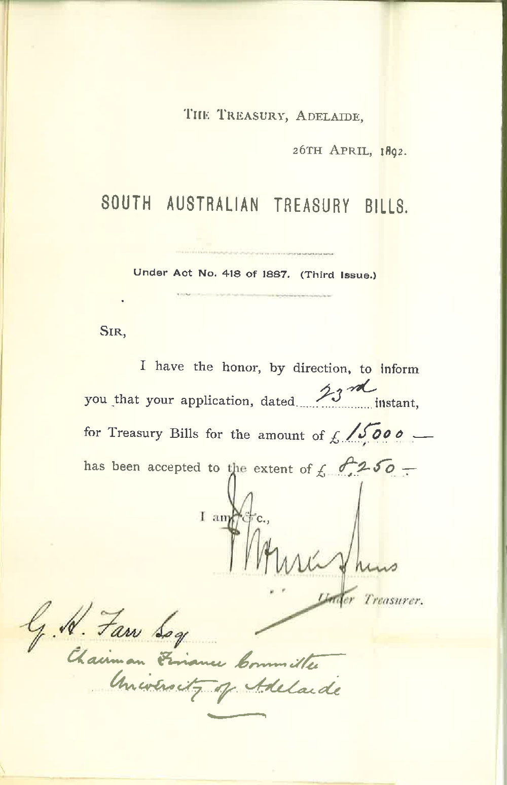 Under Treasurer - Adelaide - Regarding Treasury Bills