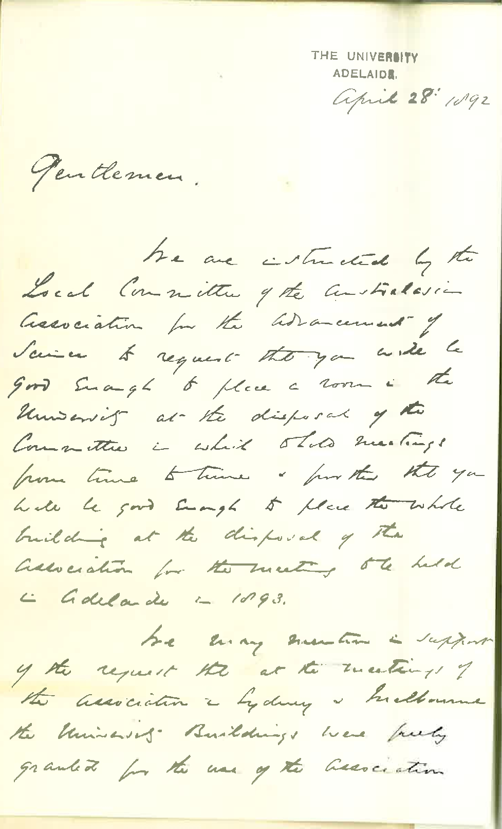 Professors Edward Henry Rennie and William Henry Bragg - Honourable Secretaries Australasia Association for the Advancement of Science - Room Request