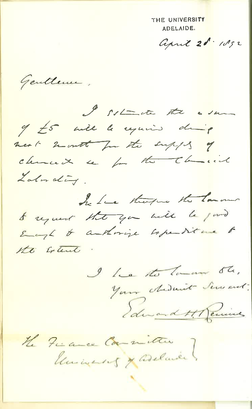 Professor Edward Henry Rennie - The University - Estimated Expenditure for May in Chemical Laboratory