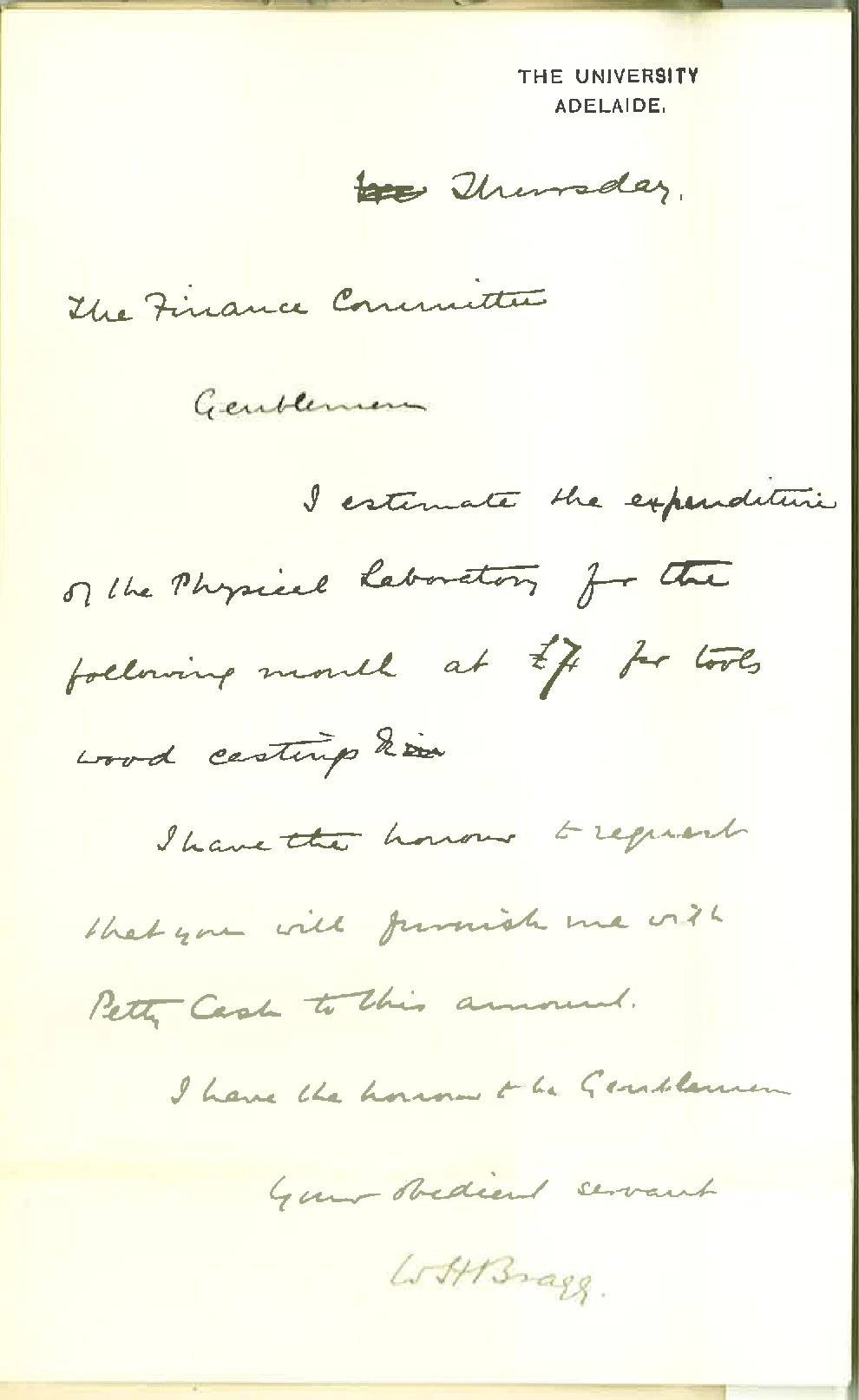 Professor William Henry Bragg - The University - Estimated Expenditure for May in Physical Laboratory