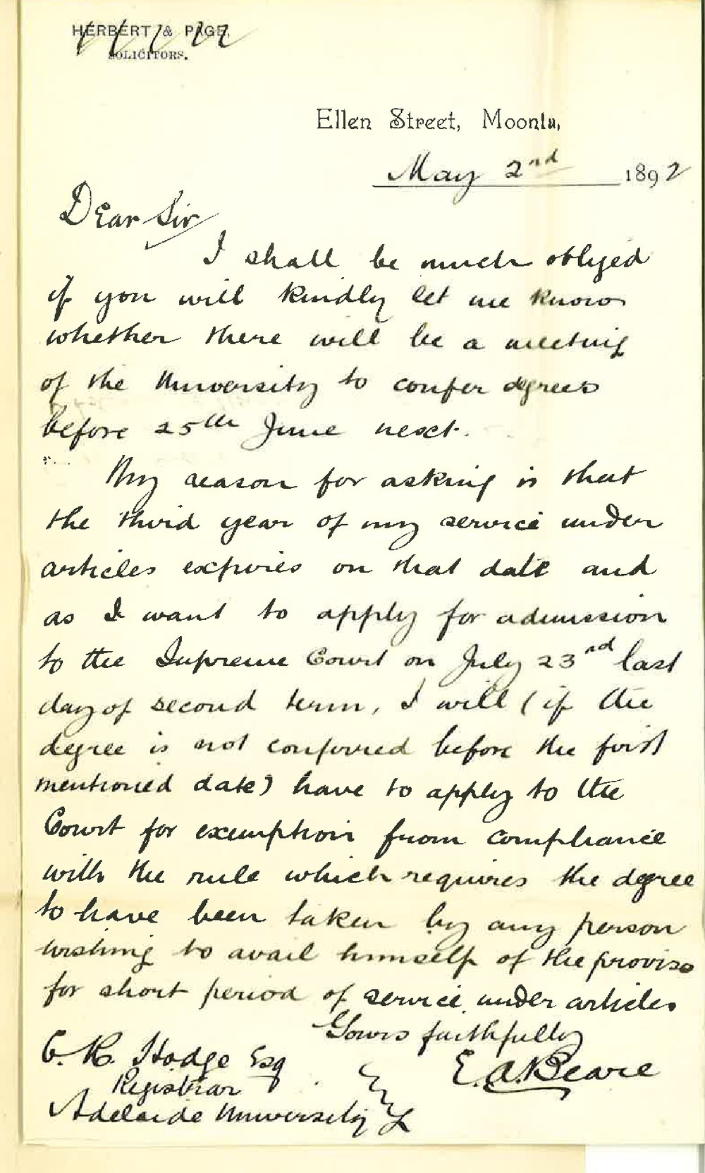 Edwin Arthur Beare - Moonta - Regarding Conferring of Degrees