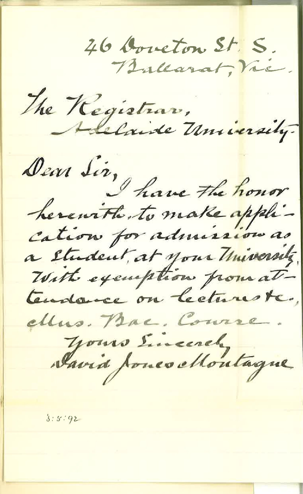 David Jones Montague - Ballarat - Application for Music Bachelor Course