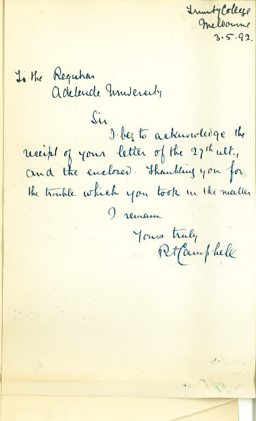 R A Campbell - Trinity College - Melbourne - Acknowledgement of Refund of Library Deposit