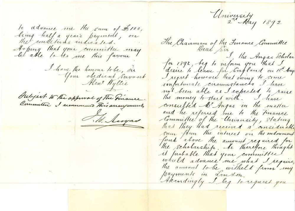 Alexander Wyllie - Angas Scholar - Requesting an Advance of &pound;100