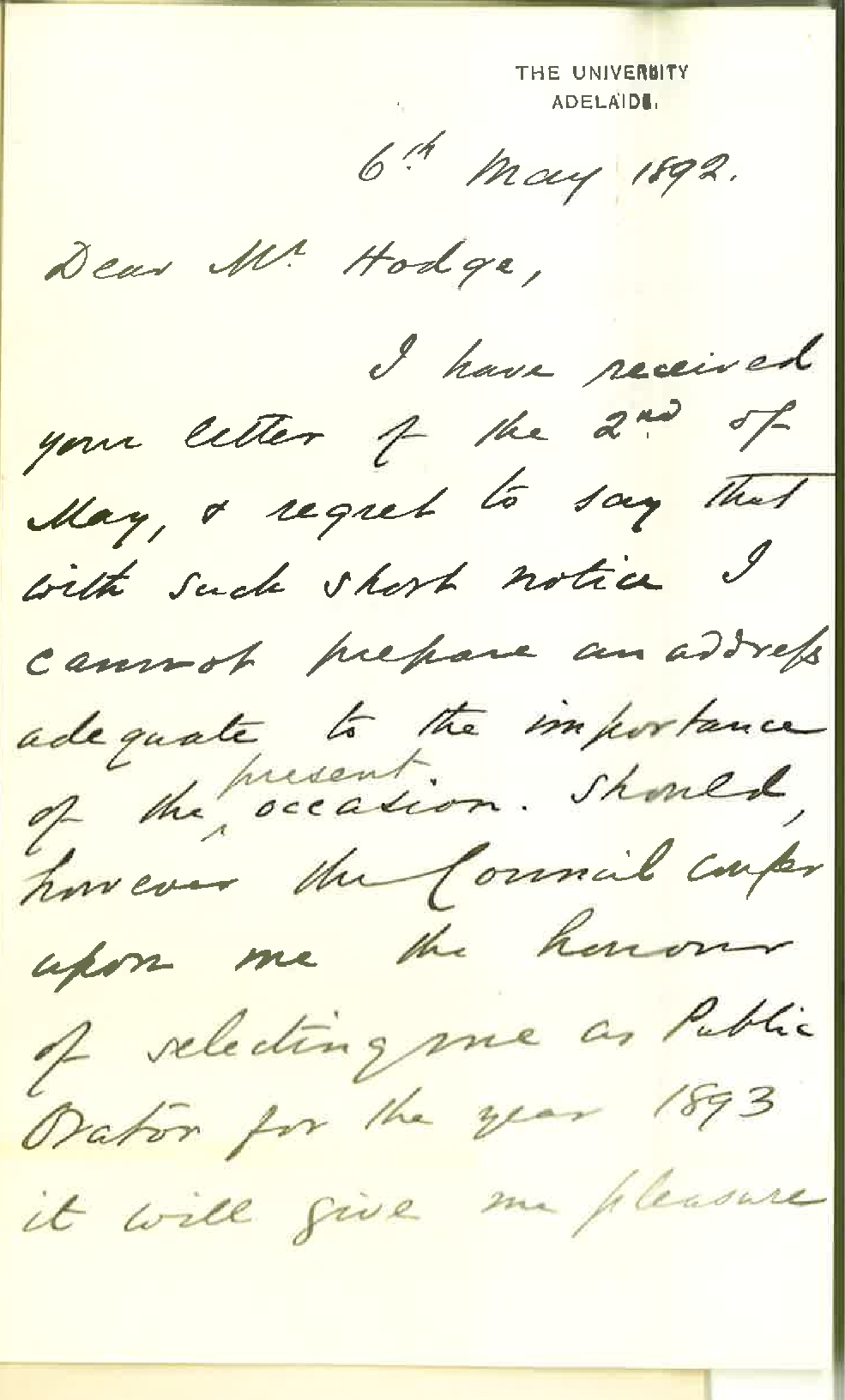 Professor Edward Vaughan Boulger - Regarding Address at Commemoration 1892