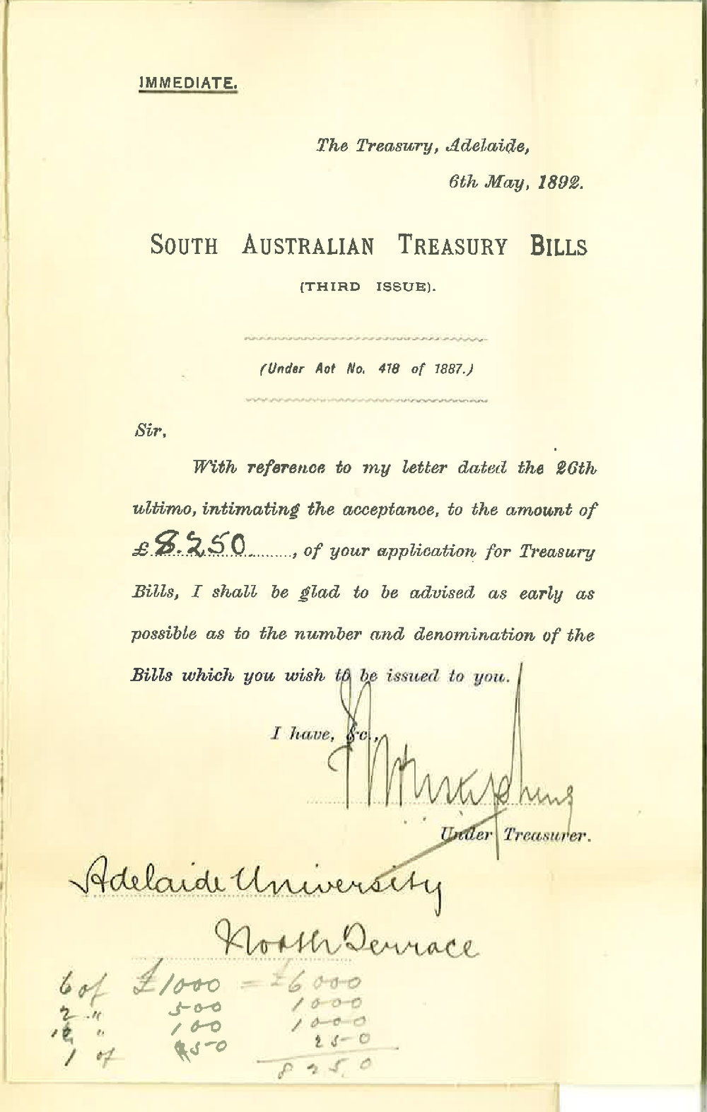 Under Treasurer - Adelaide - Regarding Treasury Bills - May