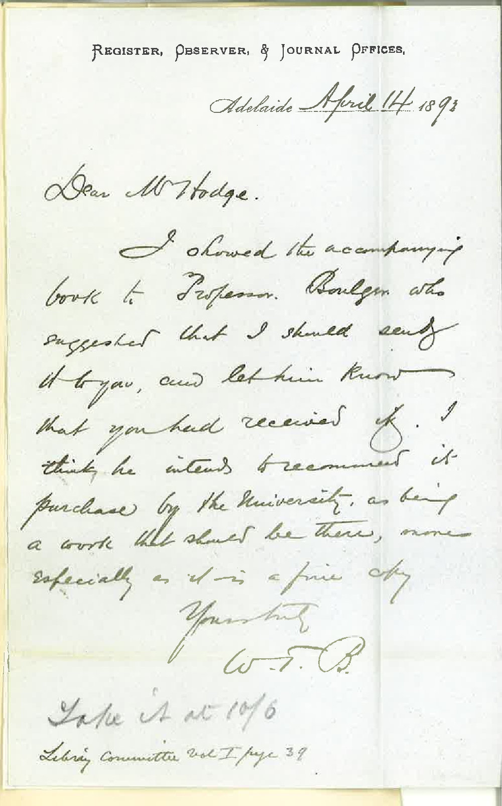 W T Bednall - Register Observer and Journal Offices - Adelaide - Regarding Purchase of Book