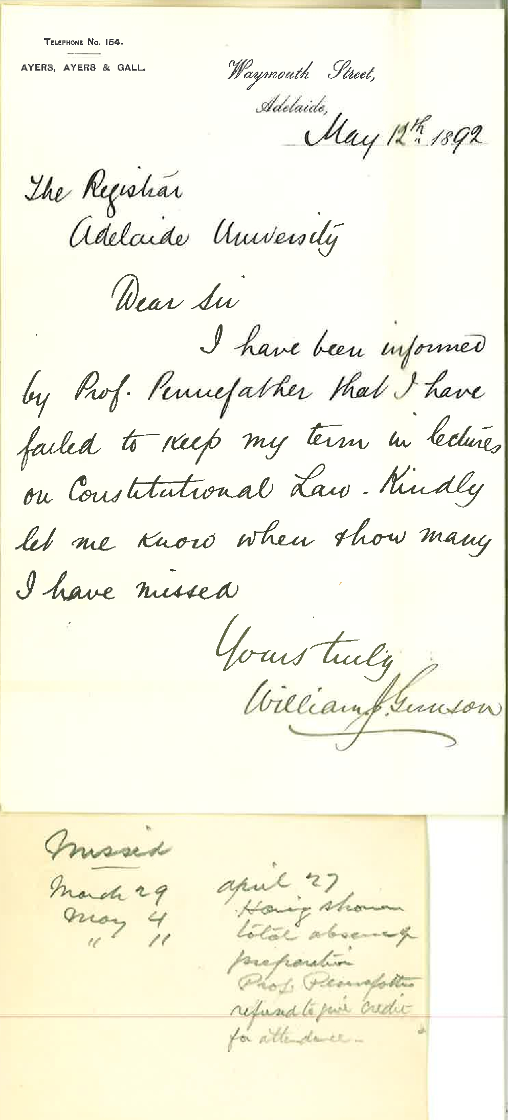 William J Gunson - Adelaide - Regarding Failing to Keep Term in Lectures on Constitutional Law
