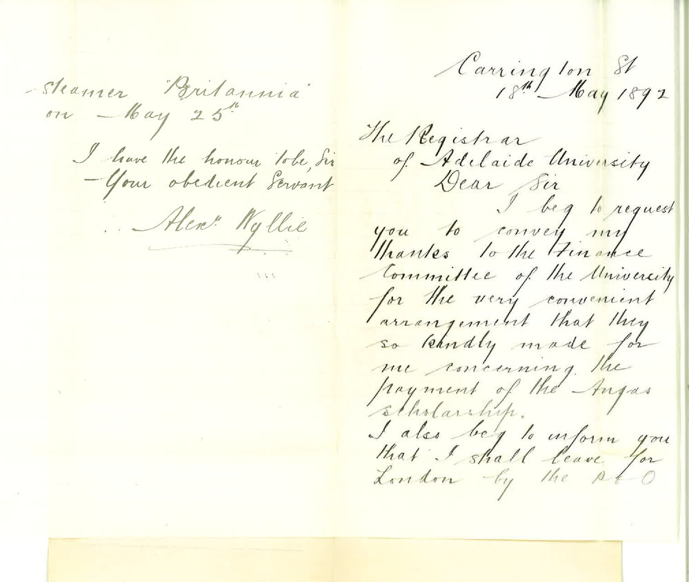 Alexander Wyllie - Thanking Finance Committee for Arrangements Made Concerning Payment of Angas Scholarship