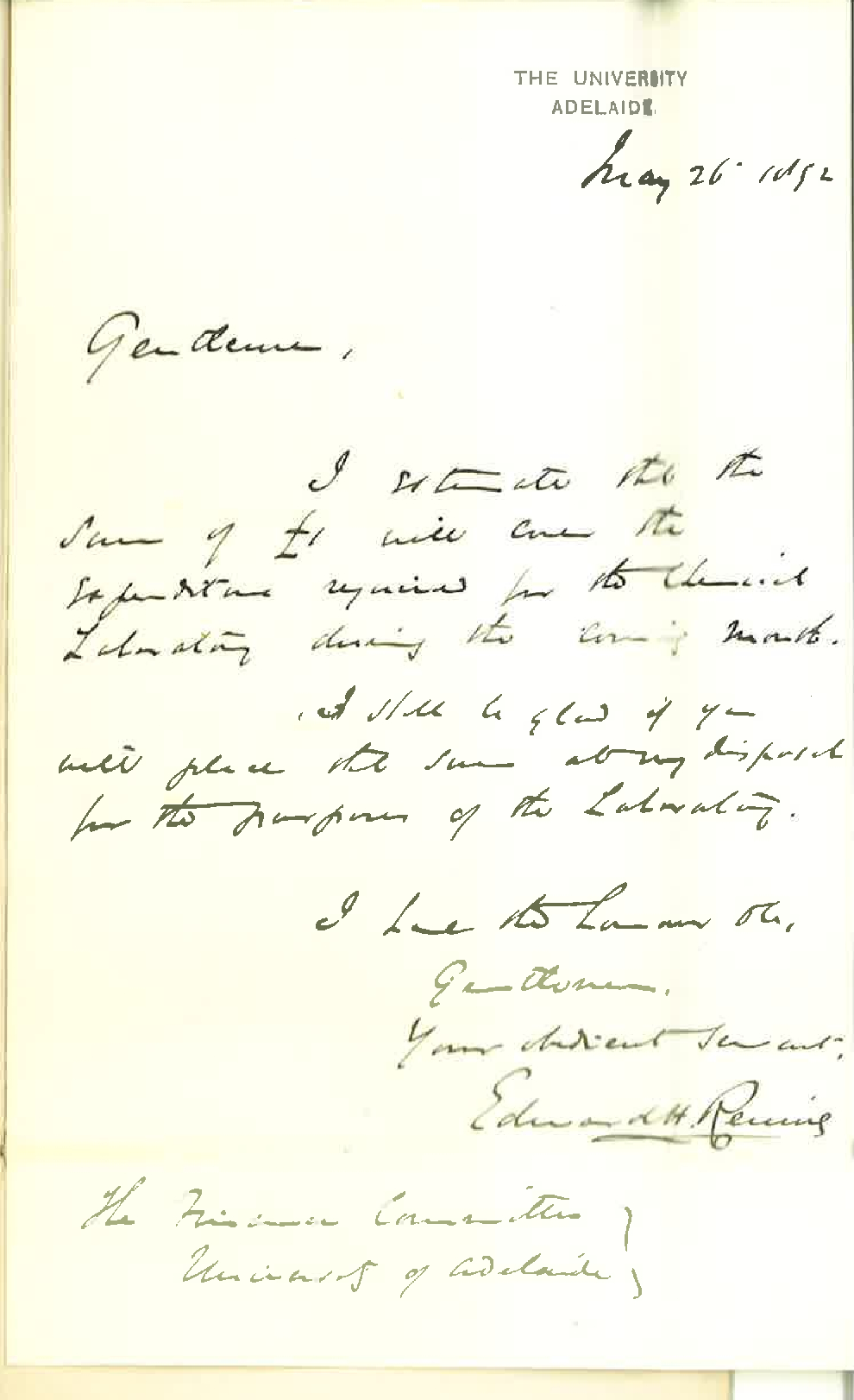 Professor Edward Henry Rennie - The University - Estimate of Expenditure for June 1892