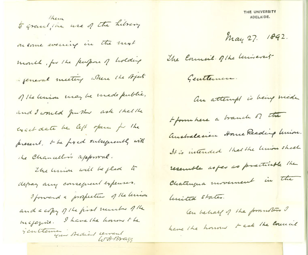 Professor William Henry Bragg - Requesting Use of Room for Home Reading Union