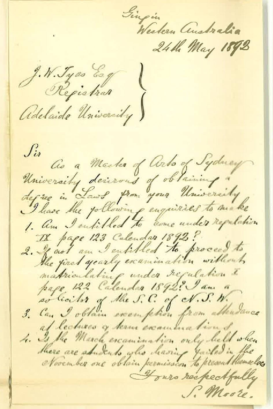 S Moore - Western Australia - Information Regarding LLB Degree - Requesting Admission Ad Eundem