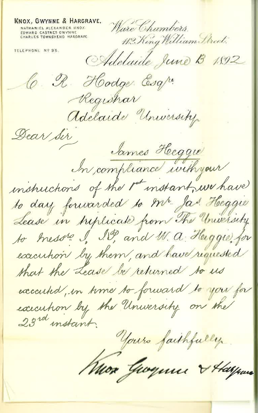 Knox Gwynne and Hargrave - King William Street Adelaide - Lease Forwarded to Mr James Heggie