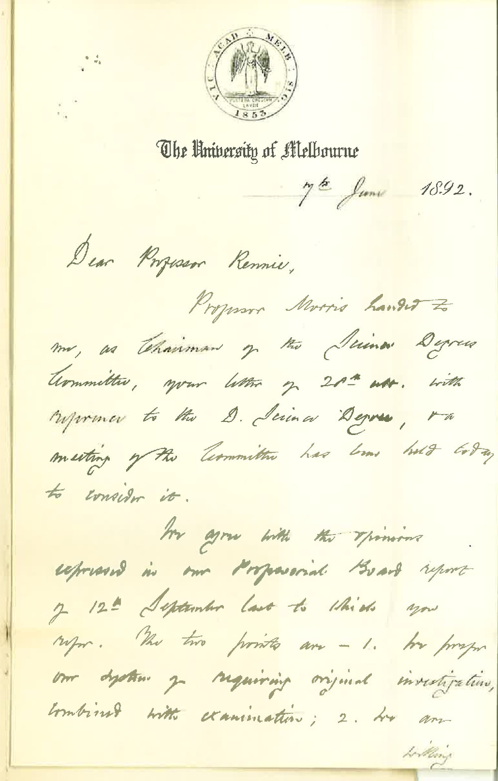 Professor Henry Laurie - The University of Melbourne - Regarding DSc Degree